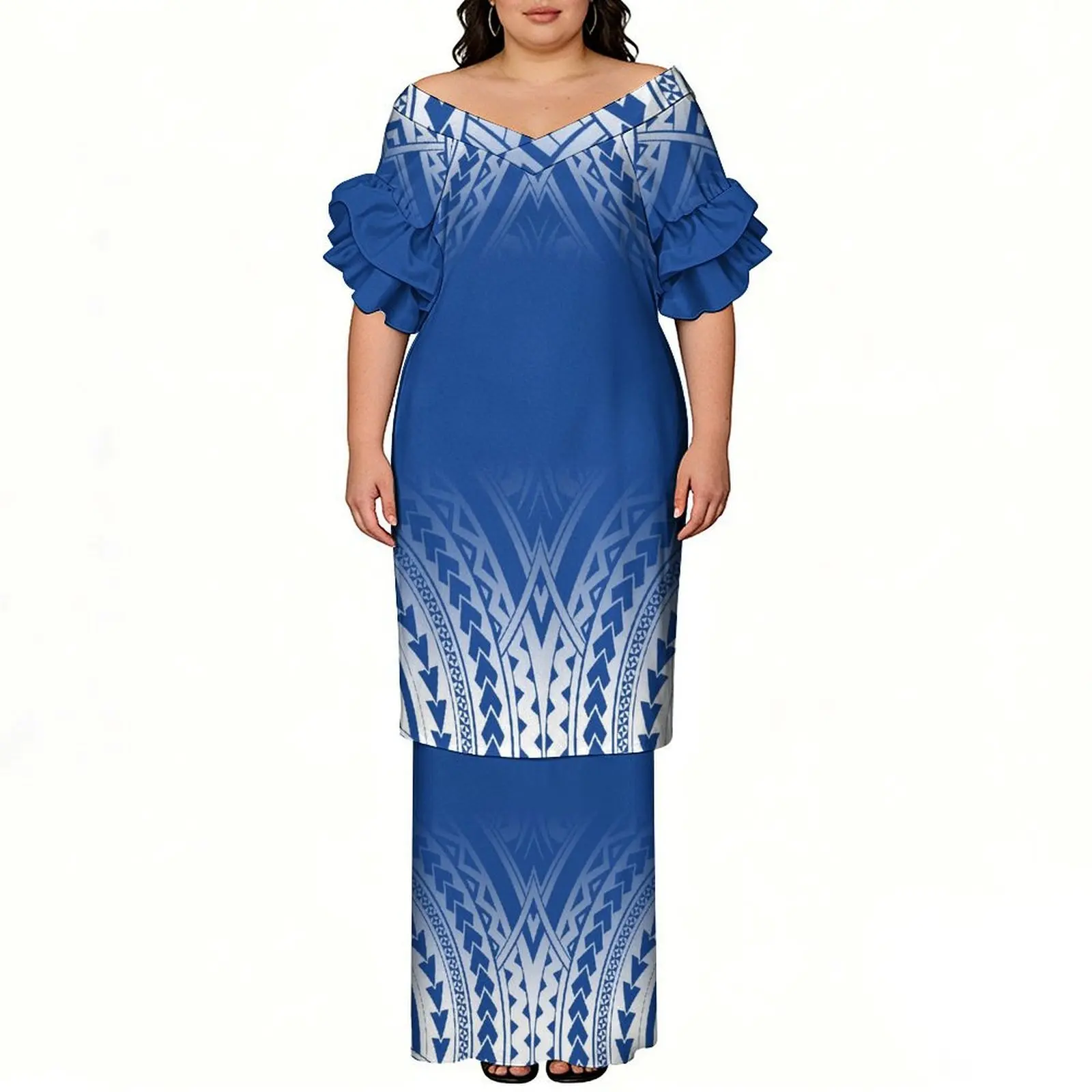 

Polynesia Wide Neckline V-Neck Lotus Sleeves Two-Piece Floor-Length Dress High-Definition 3d Printed Pattern Puletasi