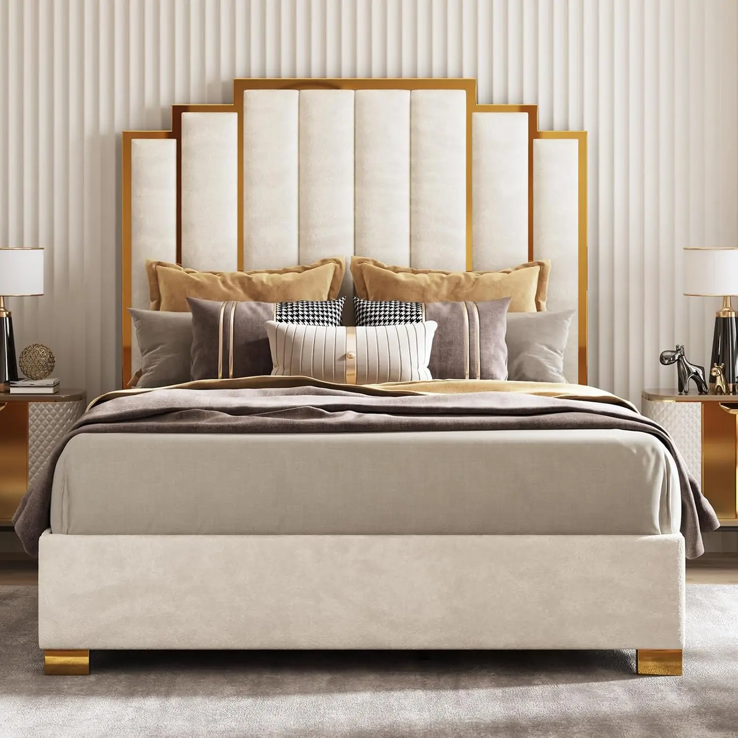 Upholstered Bed Modern Velvet Bed Frame with 61.4u201d Tall Gold Trim Headboard No Box Spring Needed Cream