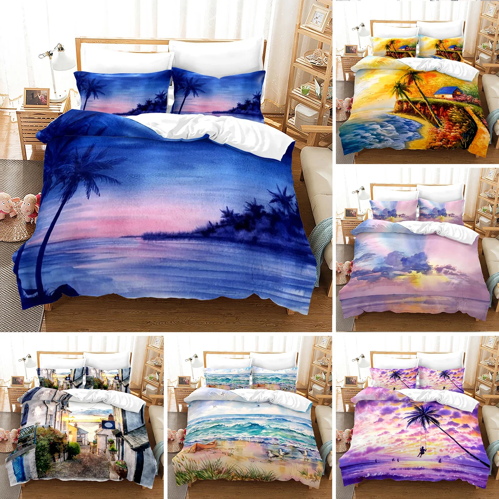 

Ocean Duvet Cover Set Queen/Full Size Tropical Island with The Palm Trees and Sea Beach Nature Theme Print Polyester Bedding Set