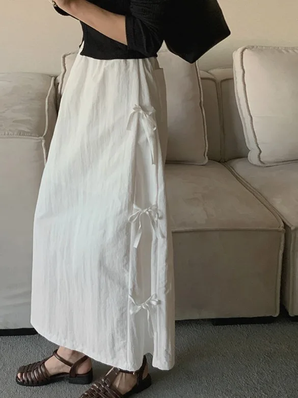 

Шикарная летняя белая юбка А-силуэта для женщин: милая, элегантная, с поясом-завязкой, средней длины, с разрезом, универсальная, с высокой талией