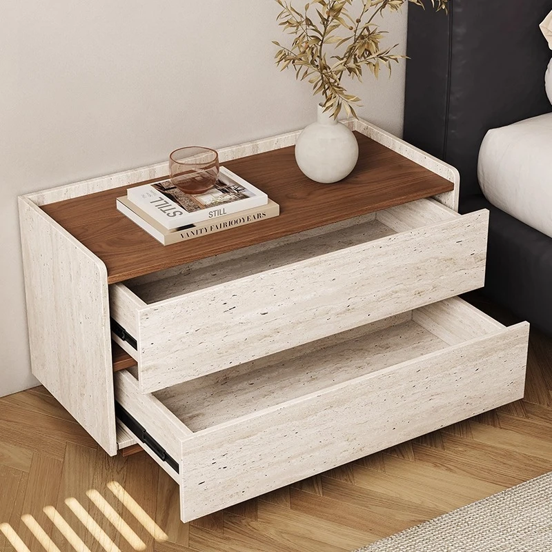 wood bedside table with Drawers capaciousness  walnut pattern nightstand light luxury end table for Living room bedroom