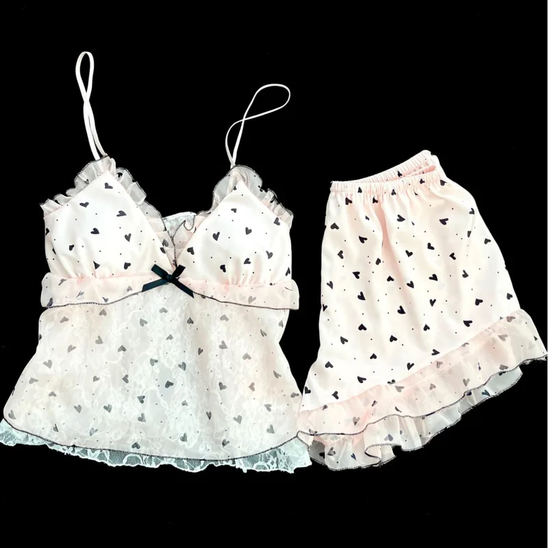 2026 Spring Summer Heart-shaped Polka Dot Ice Silk Sweet Sexy Pajamas Women Chest Pad 4piece Set Girl Nightgown Sleepwear Nighty