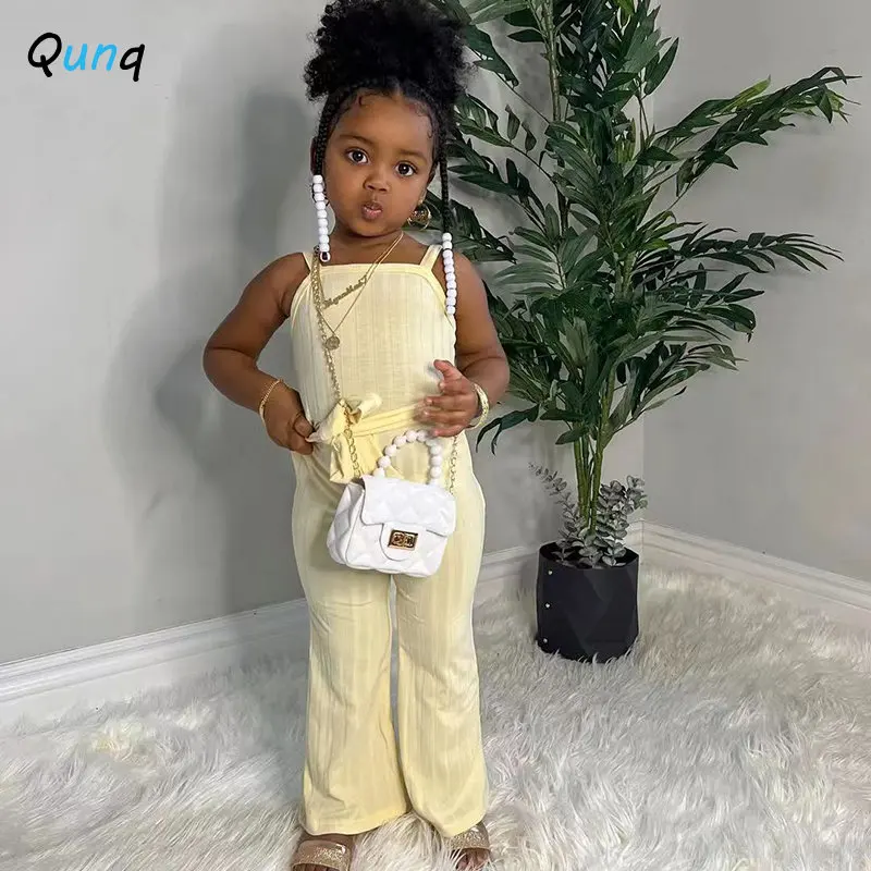 

Qunq 2023 Summer New Girls Cute Solid Pit Strap High Waist Suspenders Loose Floor-Length Jumpsuit Casual Kids Clothes Age 3T-8T