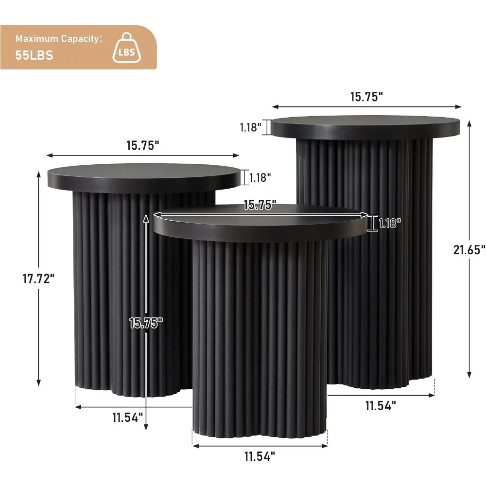 Round Nesting Coffee Table Set of 3 Fluted Coffee Table Black