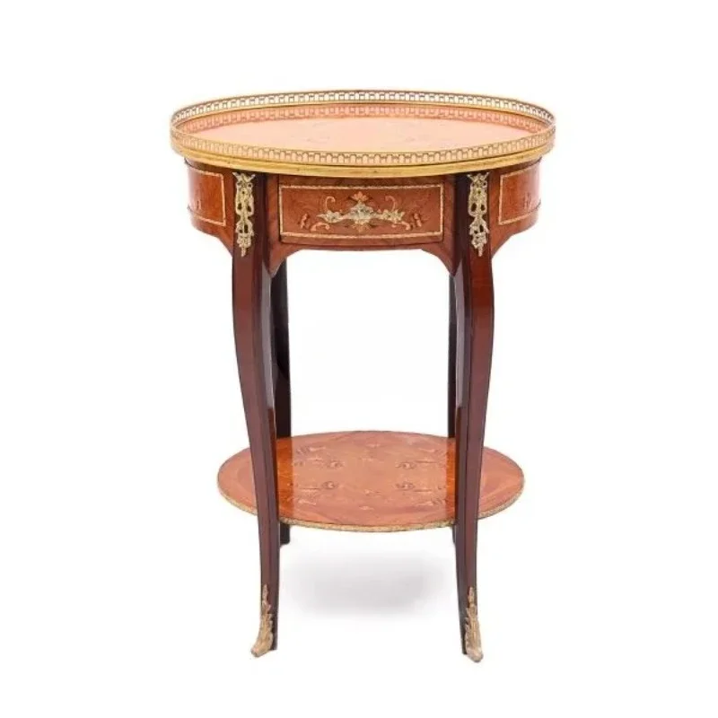 Luxury round wooden side table with lower shelving, gold-plated brass detailing