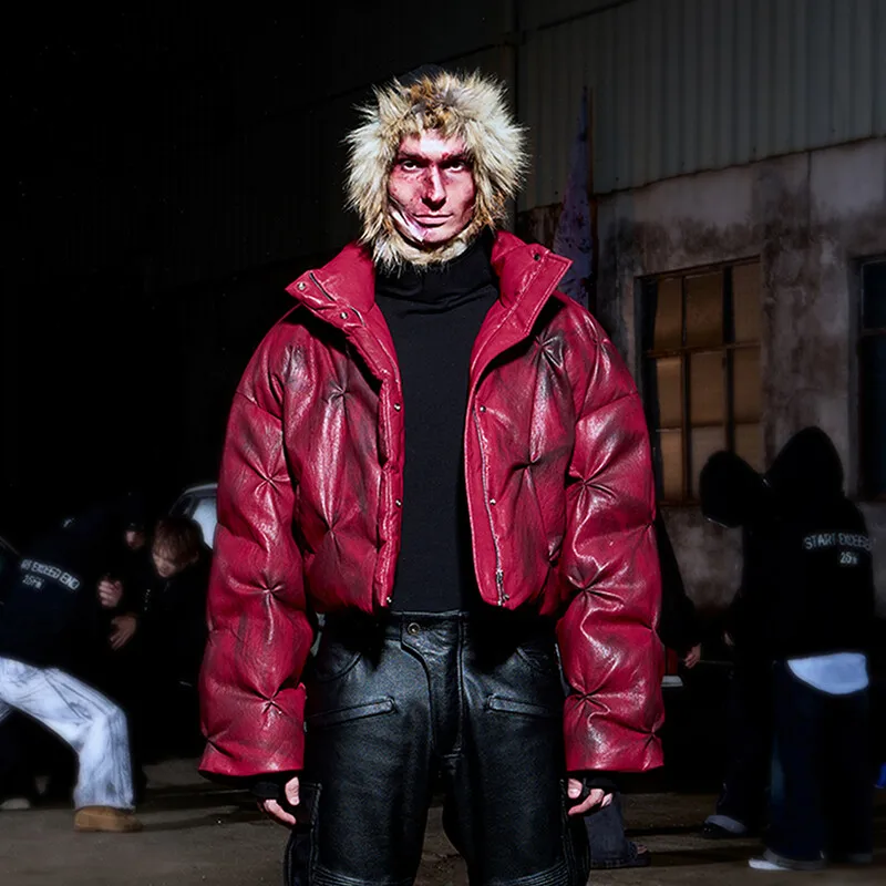 MWJLPWQ سترة قصيرة ذات ياقة ثابتة بتصميم مطوي للرجال رذاذ جديد للأوساخ مسح اللون بولي Leather معطف جلد دافئ من القطن 2025 شتاء 12767 #2