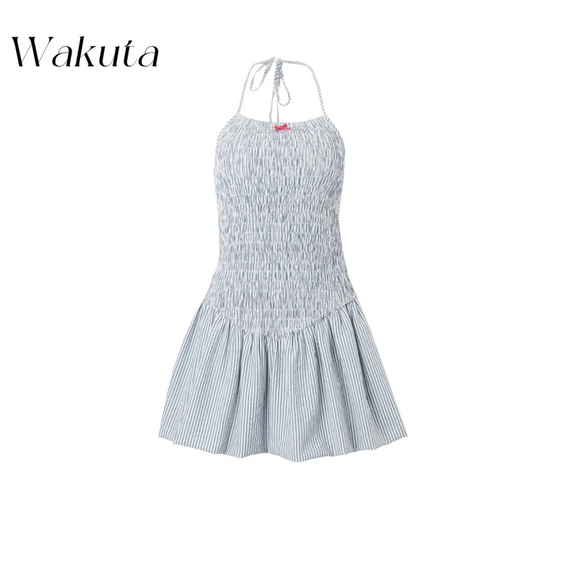 WAKUTA American Vintage Neck Strapless Robe Fashion Bow Tie Waisted Puffy Dresses Casual Street Style Short Vestidos De Fiesta image 6