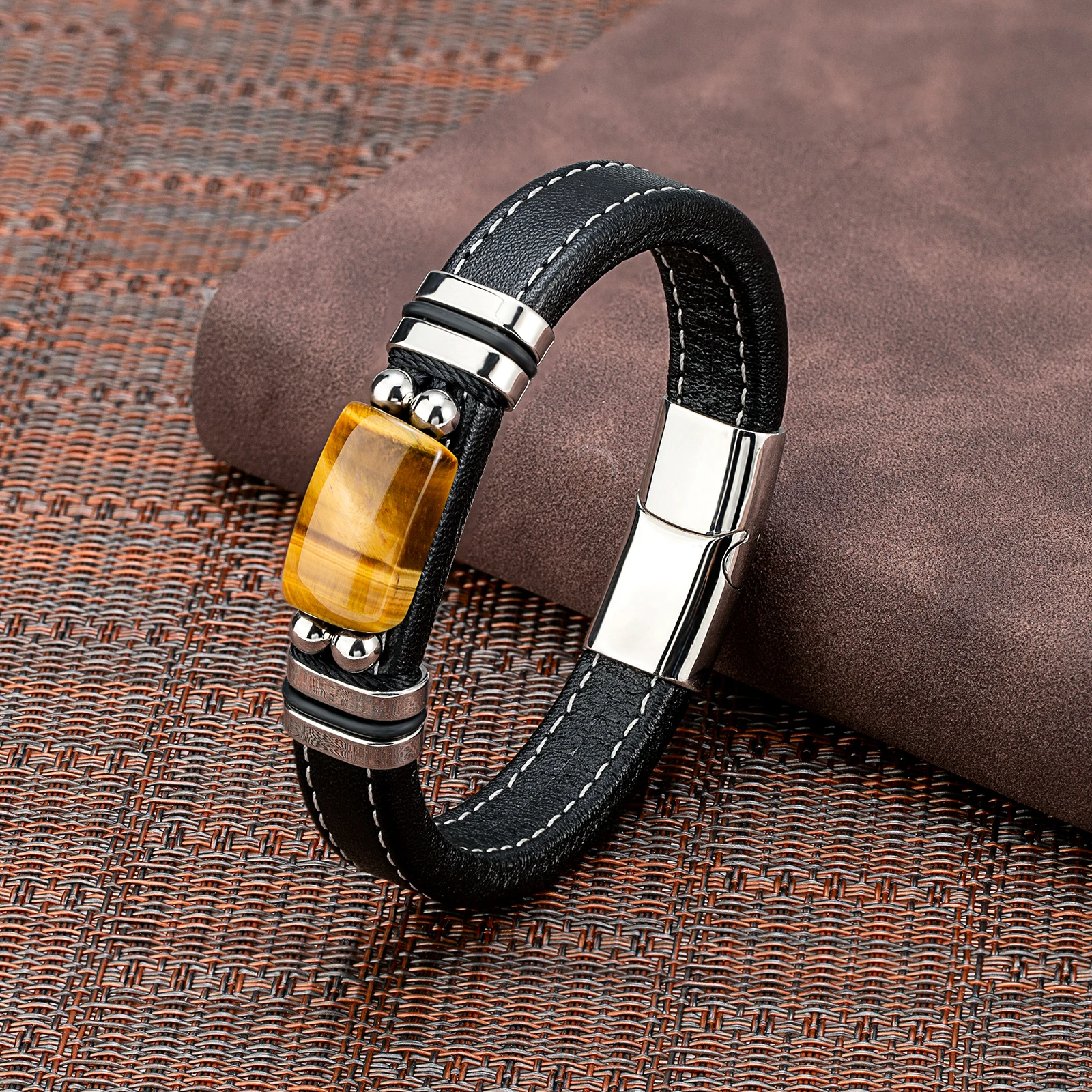 New Vintage Wind Large Semicircle Natural Tiger Eye Stainless Steel Casual Collocation Black Wide Leather Rope Men\'s Bracelet