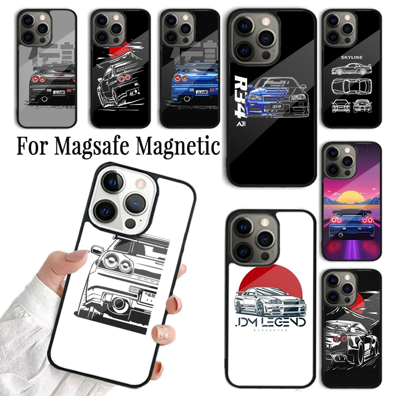 Coque Phone Case For iPhone 16 15 14 13 12 Mini 11 Pro Max Plus Magsafe Magnetic Wireless Charging Cover Skyline GTR R34