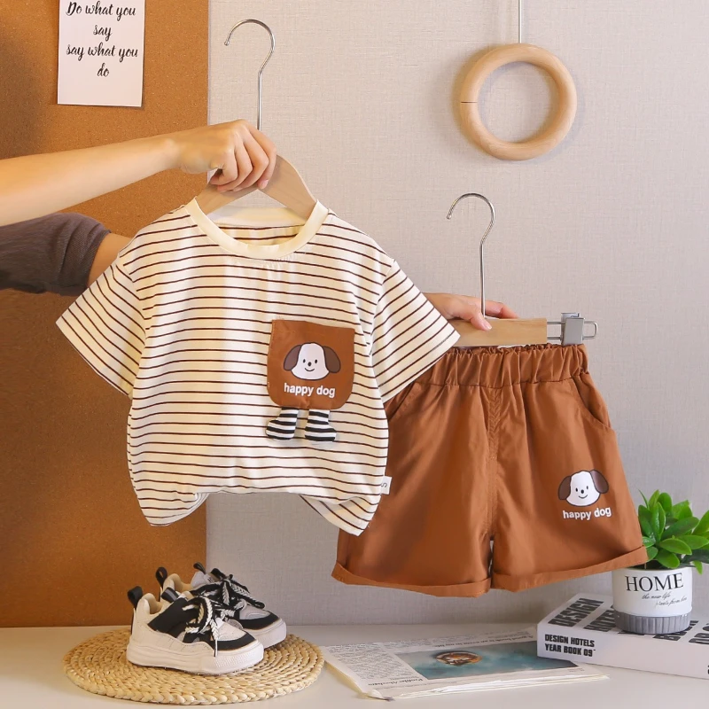 

2026 New Children's Summer Hot Sale Cotton Striped Dog Pattern Half Sleeve Top and Shorts Set