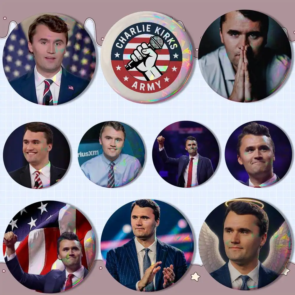 

Writer Charlie Kirk America Reflective Pin Tinplate Round Brooch Cartoon Cosplay Badges for Bag Hat Toys Gifts