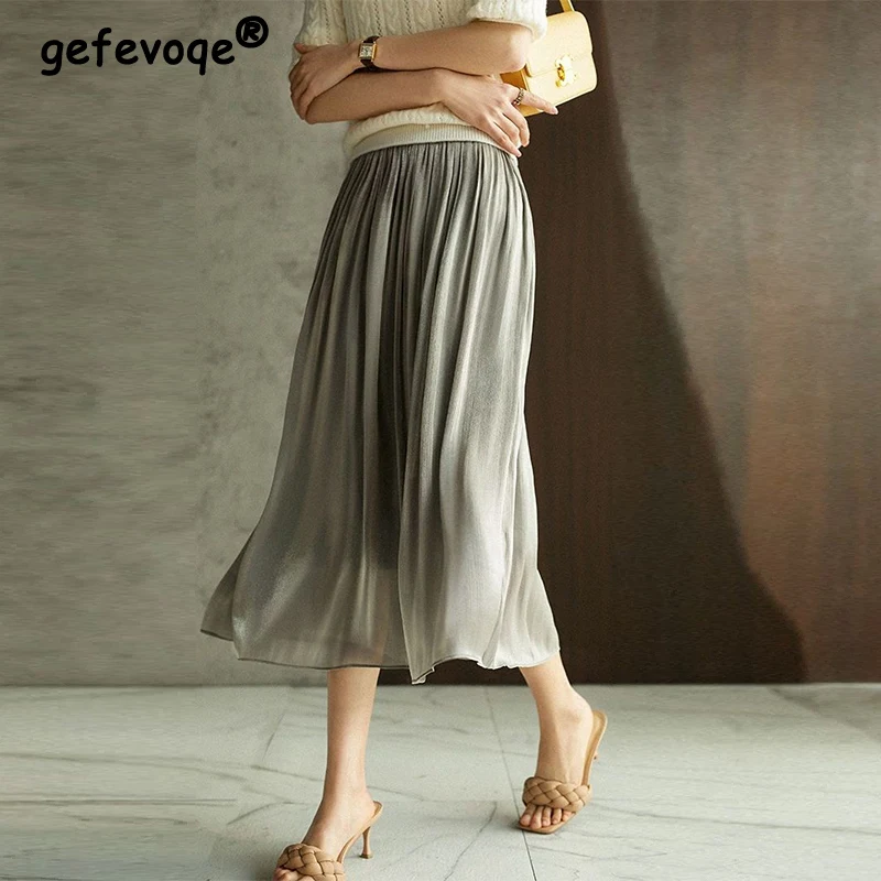 

Summer New Temperament High Waist Pleated All-match Skirt Lady Elegant Fashion Solid Loose Casual A-line Skirts Female Clothes