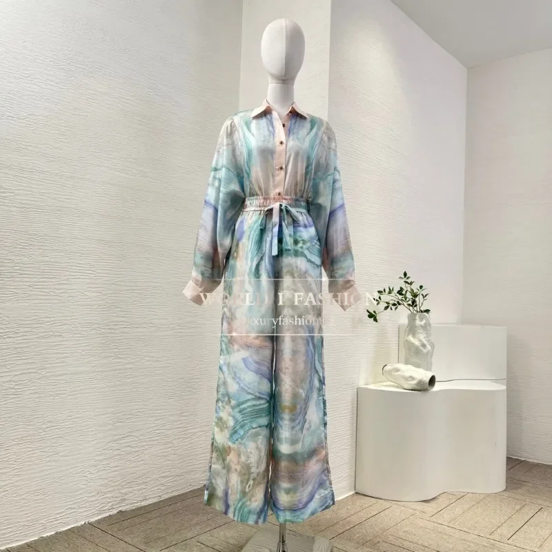 

Blue Gradient Marble Pattern Print Long Sleeve Lapel Blouse Tops and Pants Sets 2025 Silk