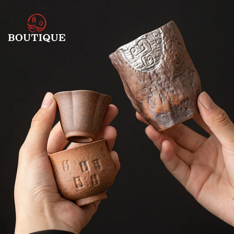 Taza de té de cerámica gruesa, tazas de cerámica hechas a mano, par de té de arcilla de roca antigua, tazas de té, fabricante de Puer Mate, hermosa herramienta Puera china