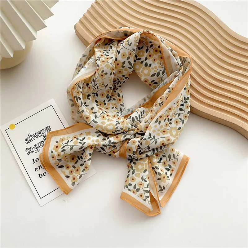 Print Flower Leaf Gauze Scarves Fashion Bandana Camping Shade from the Sun Long Scarf Shawl Wraps Headband Neckerchief for Women