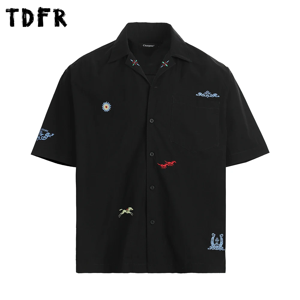 

Embroidery Short Sleeve Shirts Mens Summer Retro Casual Loose Single Breasted Lapel Half-Sleeve Cotton Shirts Man