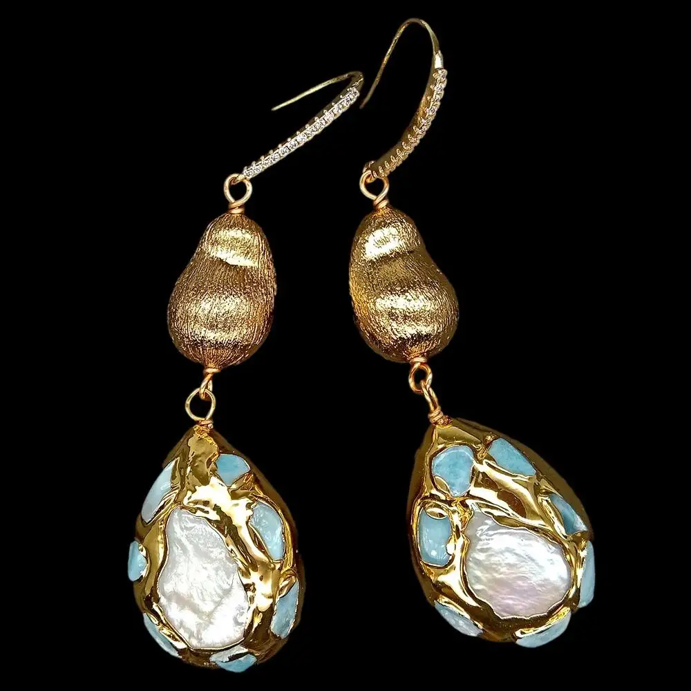 KKGEM  22x28mm  natural Blue larimar Pave Cultured White Pearl Teardrop Shape  Brushed Bead Dangle Hook Earrings