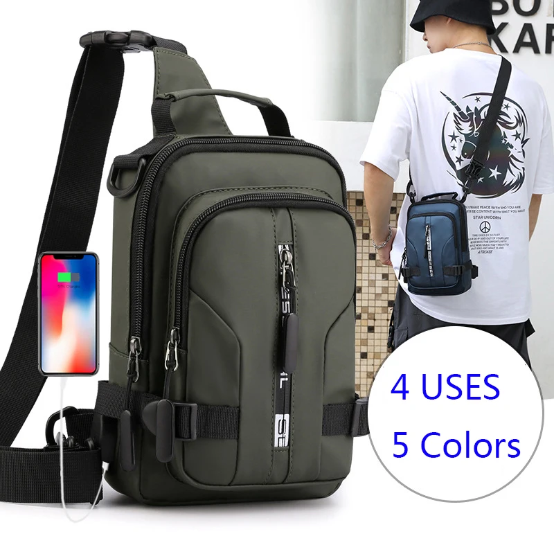 Men Small Backpack Rucksack Cross Body Shoulder Bag with USB Charging Port Nylon Travel Male Sling Side Messenger Chest Bag Pack