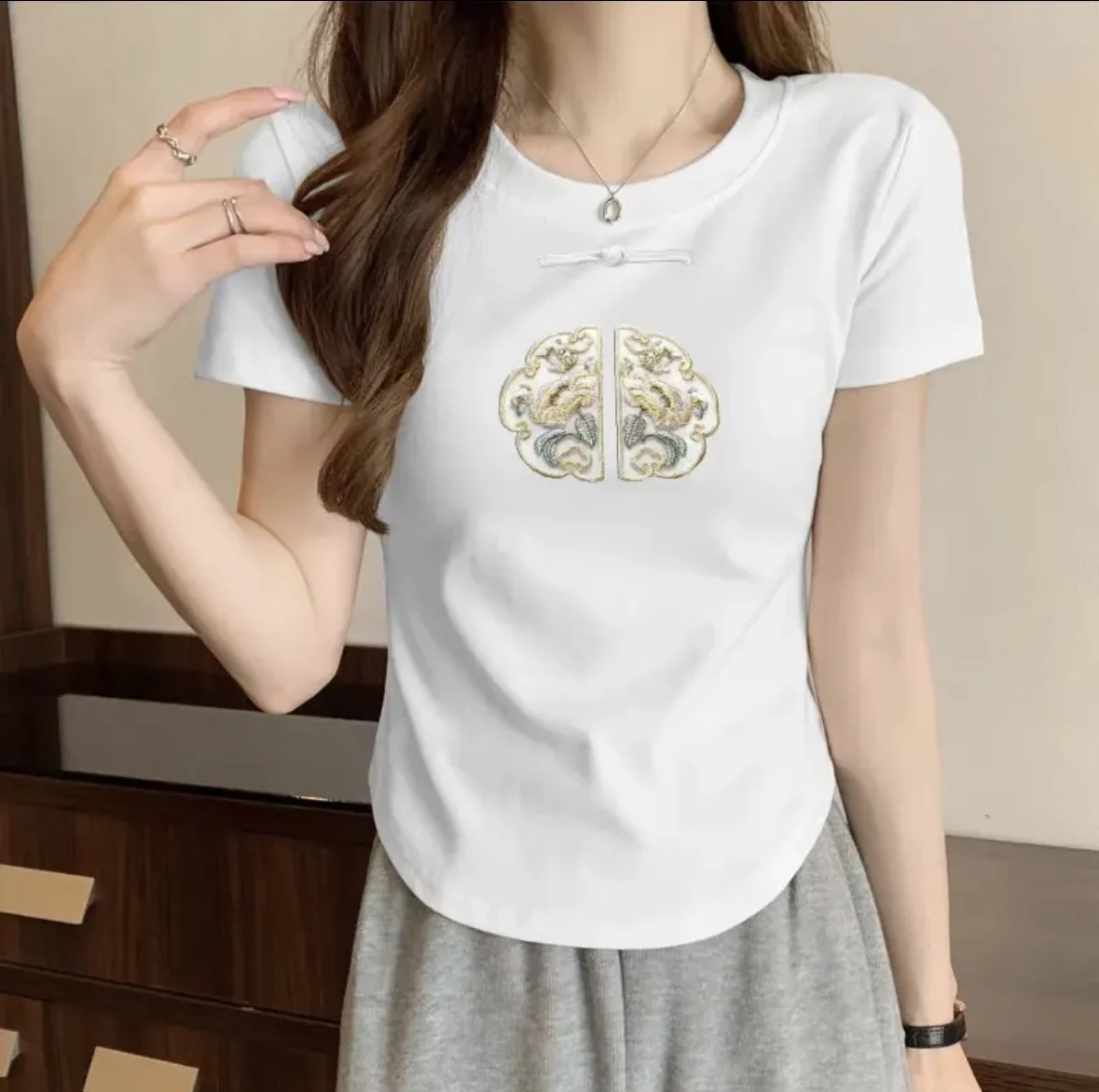 2026 Women's Large Summer T-shirt Casual Women's Style Chinese Style Women's Neutral Style Solid Color Young Cool Top