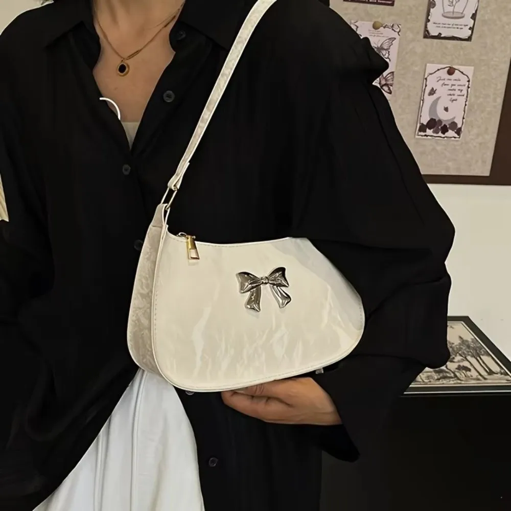 Sweet Small Underarm Bag Bow Zipper Armpit Bag Solid Color Women Handbag Daily Use Outings Dates Parties Gifts