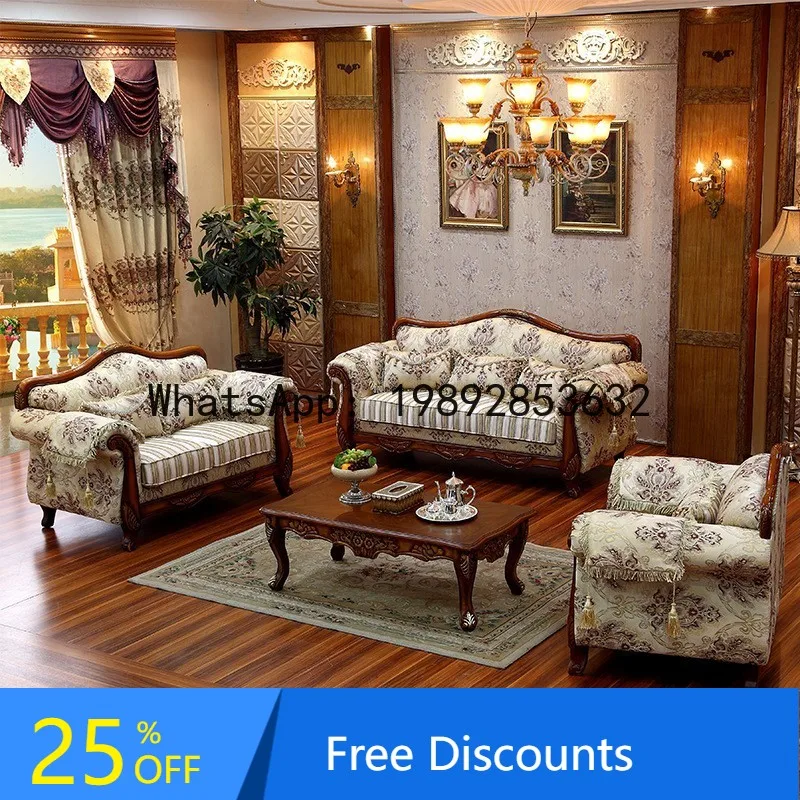 CZ Fabric Sofa Living Room Full Set Solid Wood Carved Double American Simple Three-Seater Sofa