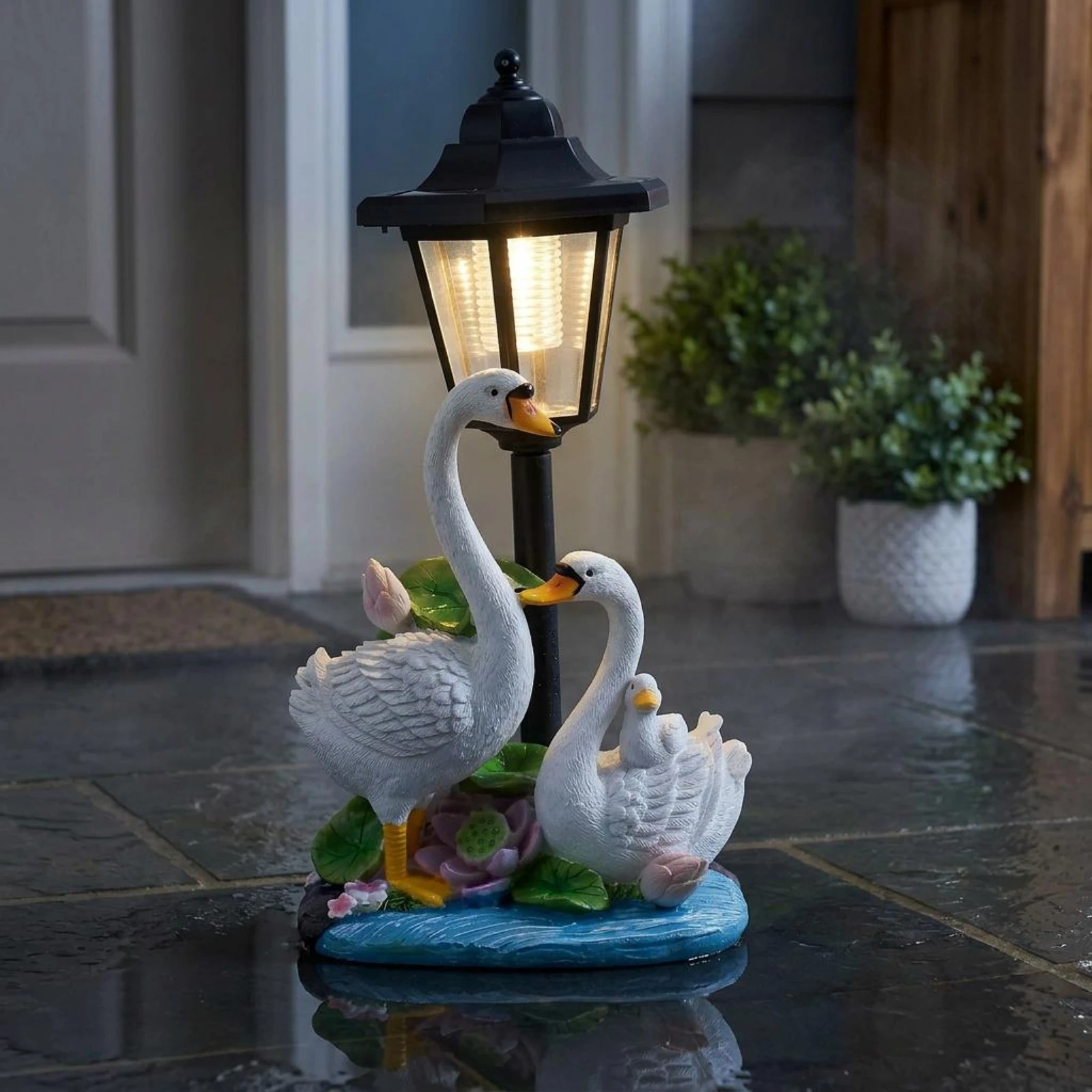 Solar Garden Lantern Resin Hexagonal Lantern Ornament Creature Themed Base Ornament Clear Panels Yard Decor Classic Lamp Shape