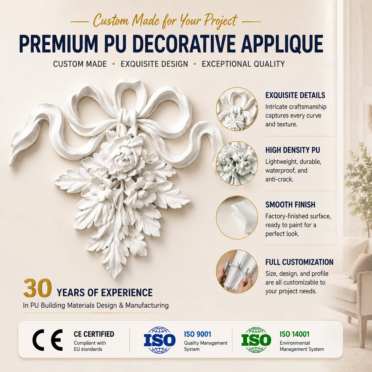 Modern European Bowknot Rose Polyurethane Floral Applique Ornament Moisture Proof Rot Resistant For Wall Door Cabinet Furniture