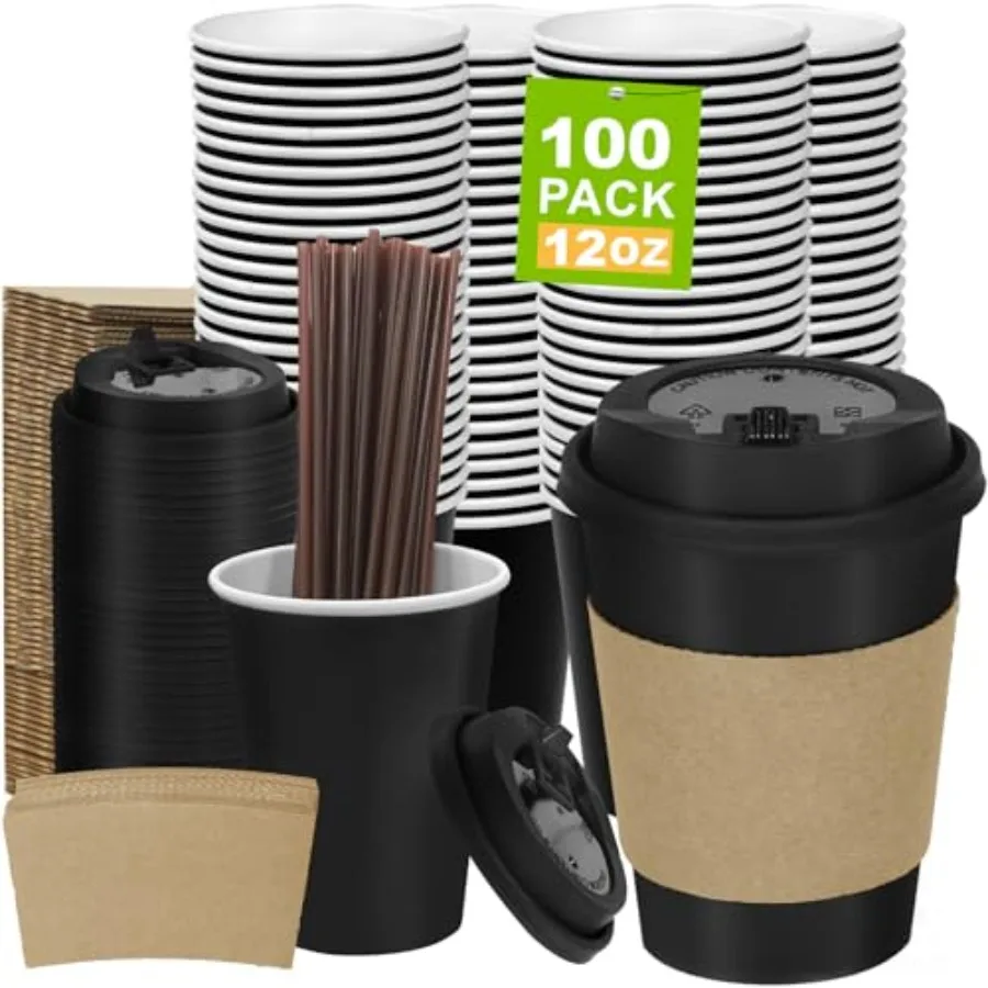 

100 Pack 12 oz Disposable with Lids and Sleeves, Leak-Proof To Go, PLA Black Paper for Hot Beverage