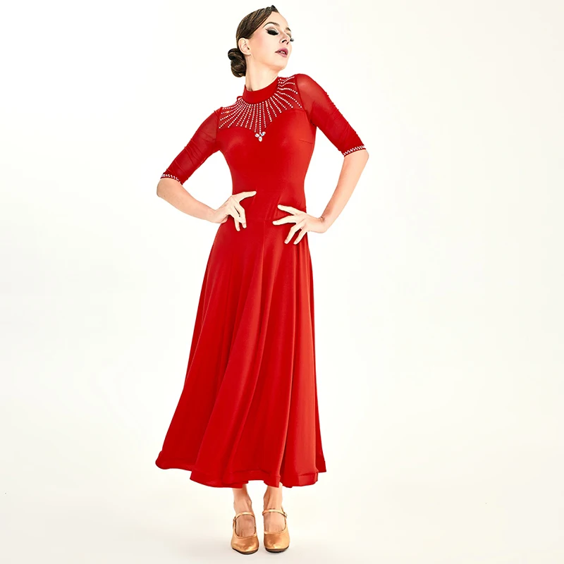 2025 Kurzarm Diamant Kleid Modern Dance Kostüm Ballsaal Kleid Frauen Professionelle Nationale Standard Tanz Kleidung DN20700