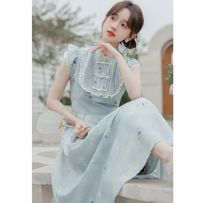 새로운 중국 스타일 레트로 민족풍 여성 여름 신상품 허리 조임 슬림 프린트 롱 드레스