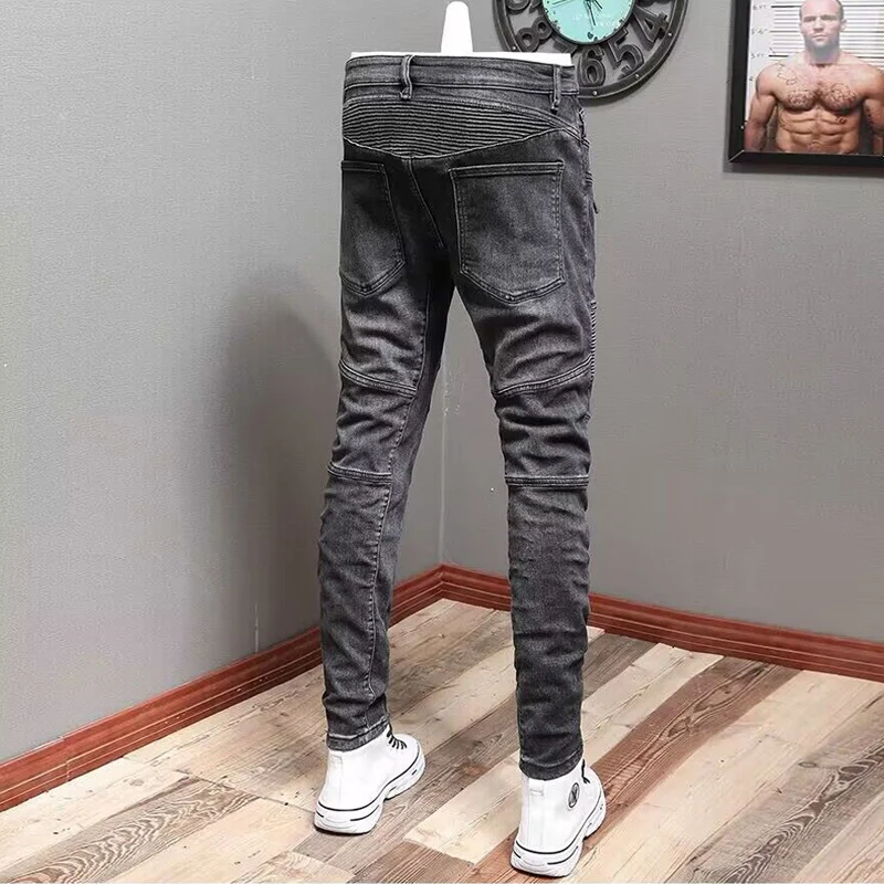 Street Fashion Men Jeans Retro Black Gray Elastic Slim Fit Spliced Designer Biker Jeans Homme Wrinkle Patch Hip Hop Pants Men