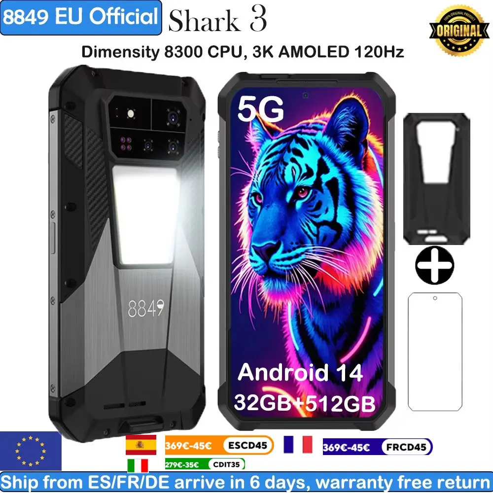 8849 SHARK 3 Unihertz Smartphone robuste dimension 8300 3K AMOLED écran Android 14 32GB + 512GB 11600mAh 5G téléphone de sport 120Hz