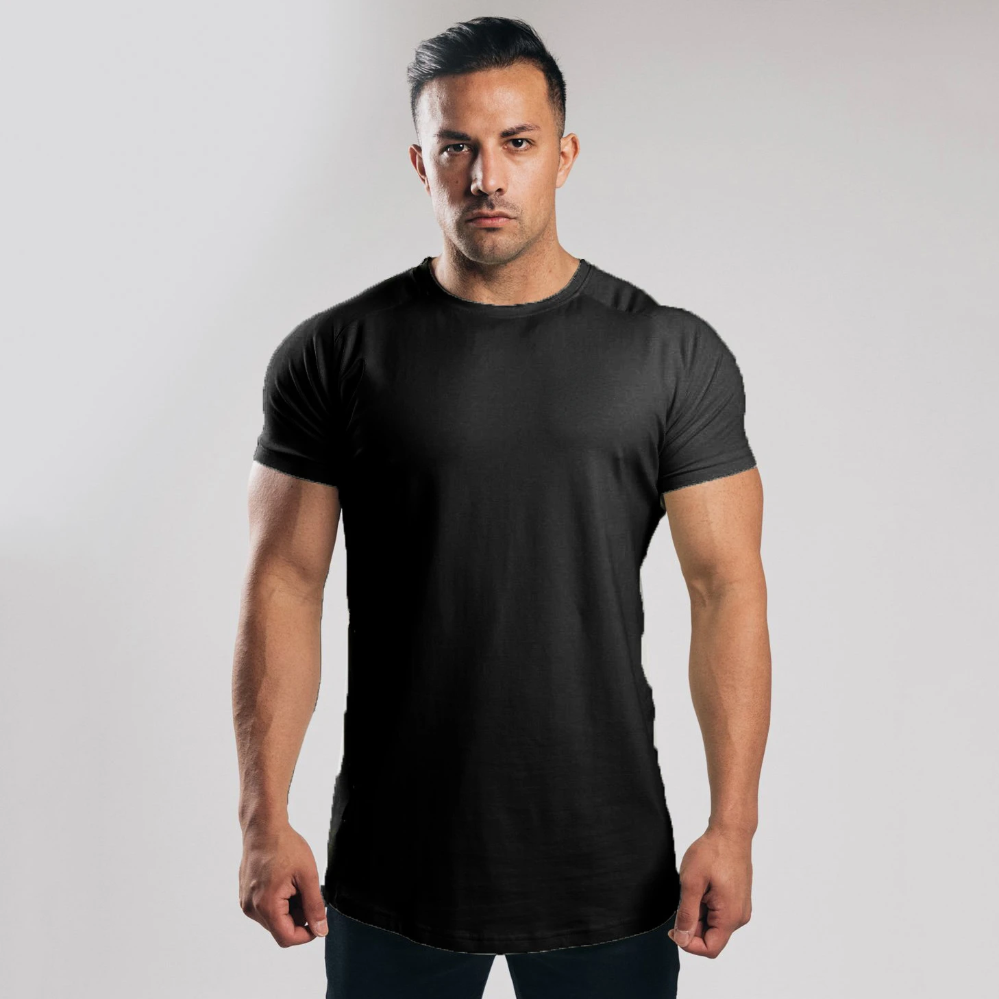 Men Muscle Tshirt Curved Hemline Short Sleeve Slim Fit Bodybuilding Shirts for Men Workout Gym Elasticity Cotton Tee