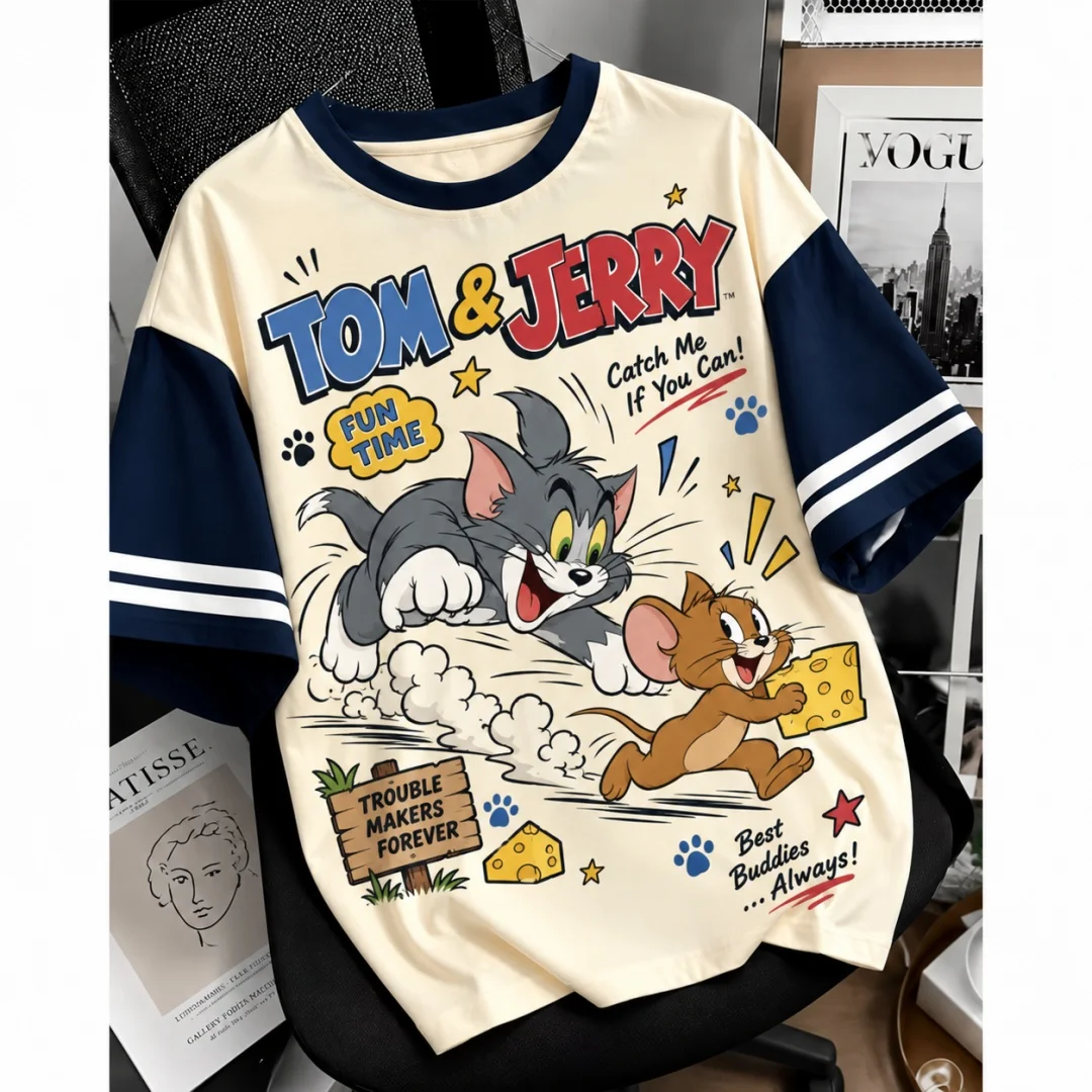 Tom & Jerry Cheese Chase Comic Grafik T-Shirt Cartoon Katze Maus Raglan gestreiftes Kurzarm-Kinder-T-Shirt Unisex Sommer Freizeitoberteil – Detail 4