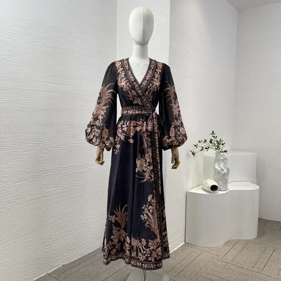 2024 New Re-tro Collection Floral Print Long Lantern Sleeve Women Black Wrap High Quality Cotton Midi Dress