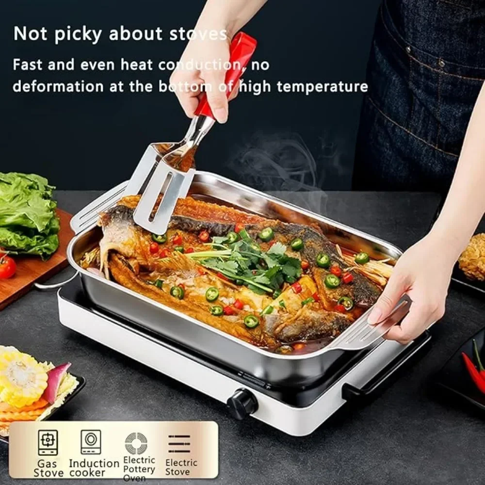 Stainless Steel Deep Baking Pan with Lids Multifunction Rectangular Oven-Safe Baing Pans for Kitchen Seafood Grilled Fish Pans