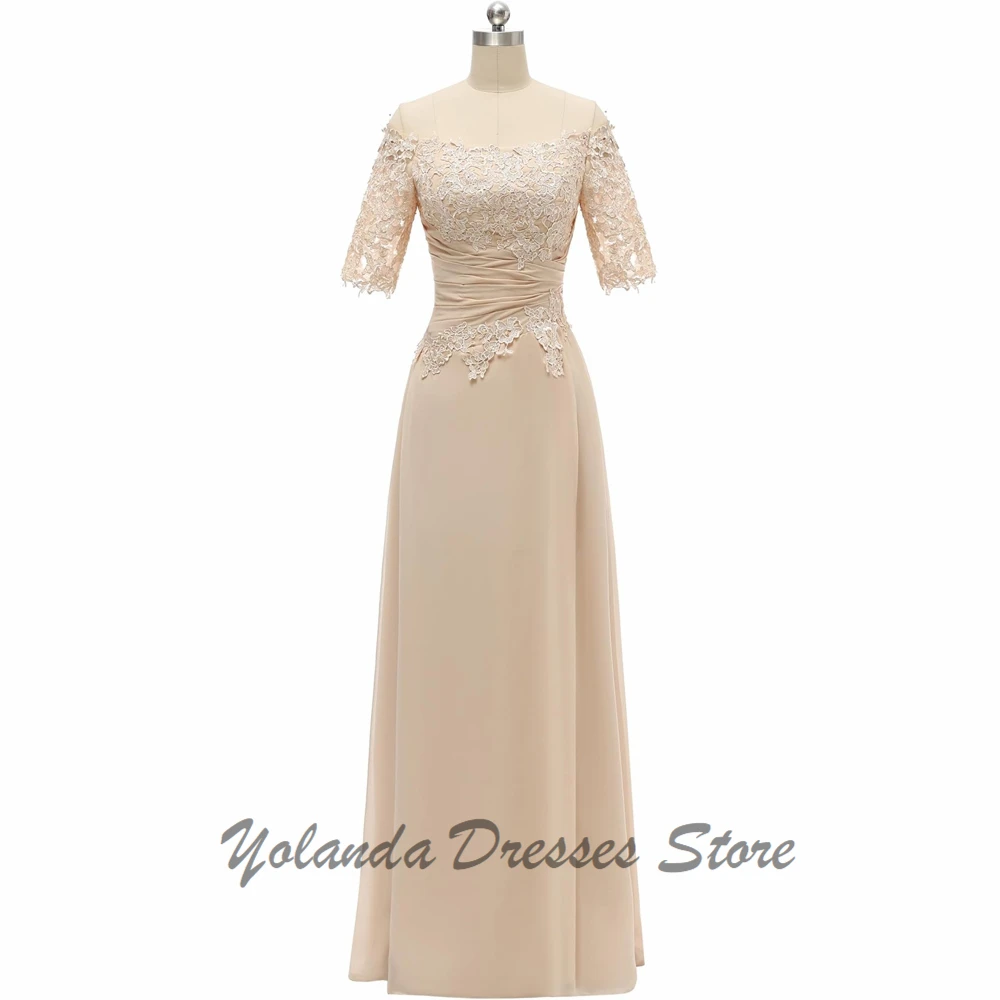 

Customized Half Sleeves Mother of The Bride Dresses Wide O Neck A Line Formal Evening Gown Applique Lace Wedding Guest Dress