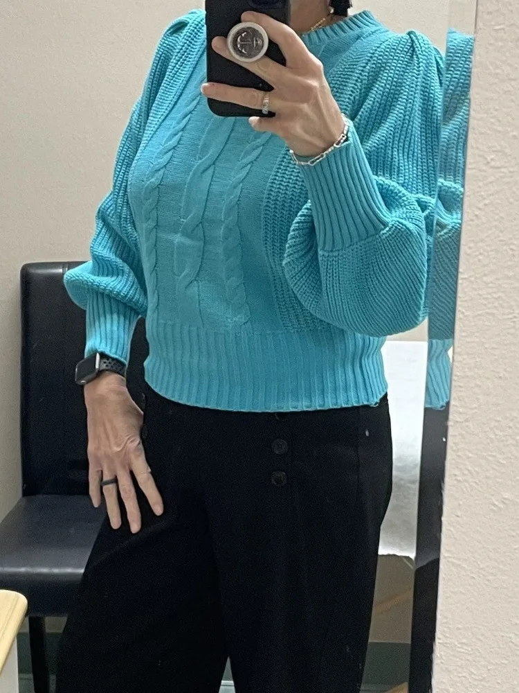 2025 بلون تريكو الخريف والشتاء جديد جولة الرقبة البلوز تنوعا فانوس كم العجين المقلي التقلبات سترة النساء