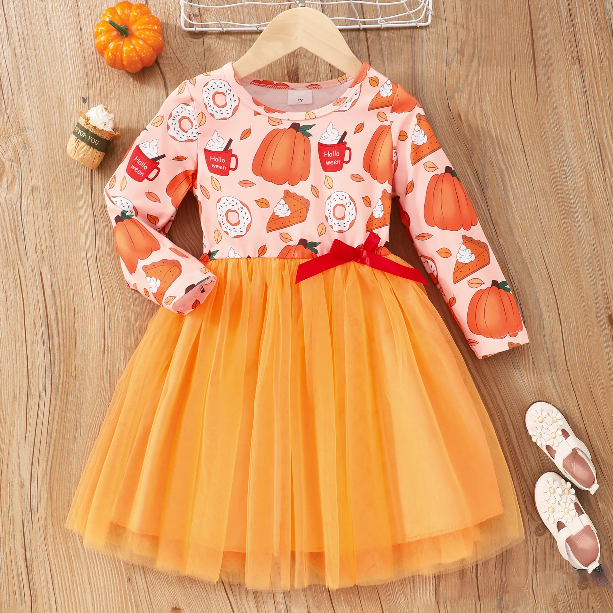 2024 Halloween Winter New Arrivals Girls Dresses Long Sleeve Pumpkin Collar Ruffles Floral Cute Sweet Kids Lace Dress Vestidos