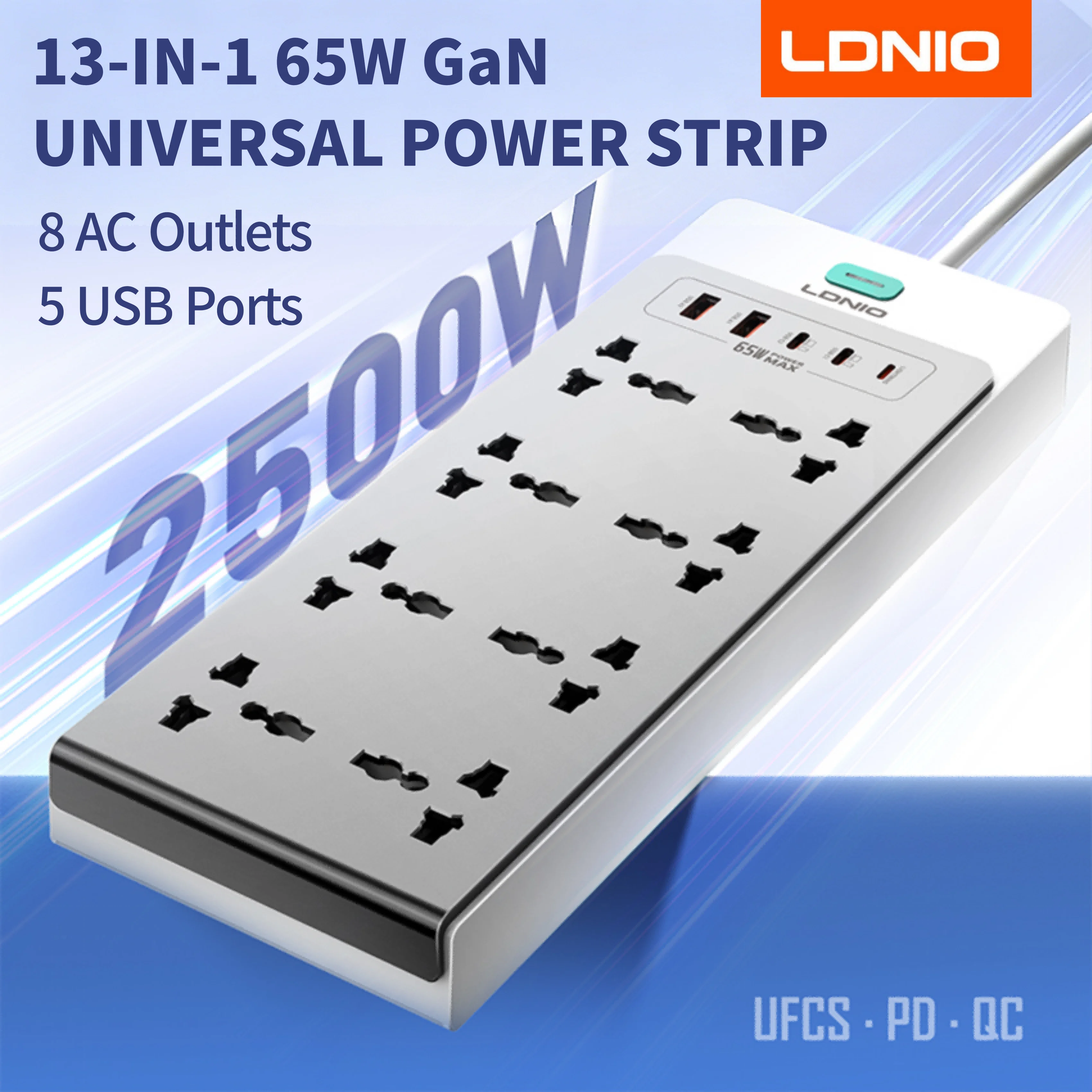13-in-1 65W Power Strip Surge Protector LDNIO With 8 Universal AC Outlets PD USB C QC USB A Desktop Fast Charging Station 2500W