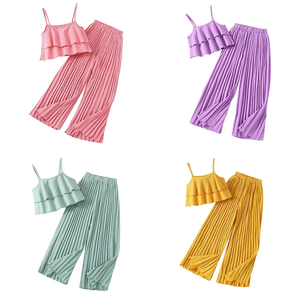 

Children Clothing Children Sets Fashion Solid Color Short Suspender Top Loose Pleated Pants Two-Piece Set Girls Birthday Gift