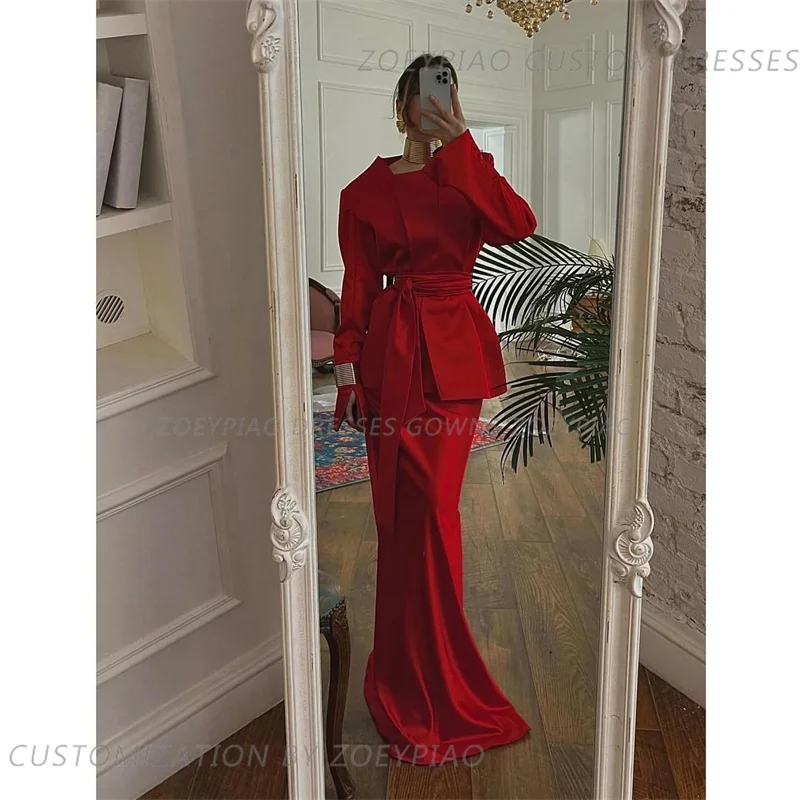 Robe de Soirée de Forme Sirène en Satin Rouge pour Occasions Spéciales, Col Rond, Manches sulf, Formelle, Éducative, 2024