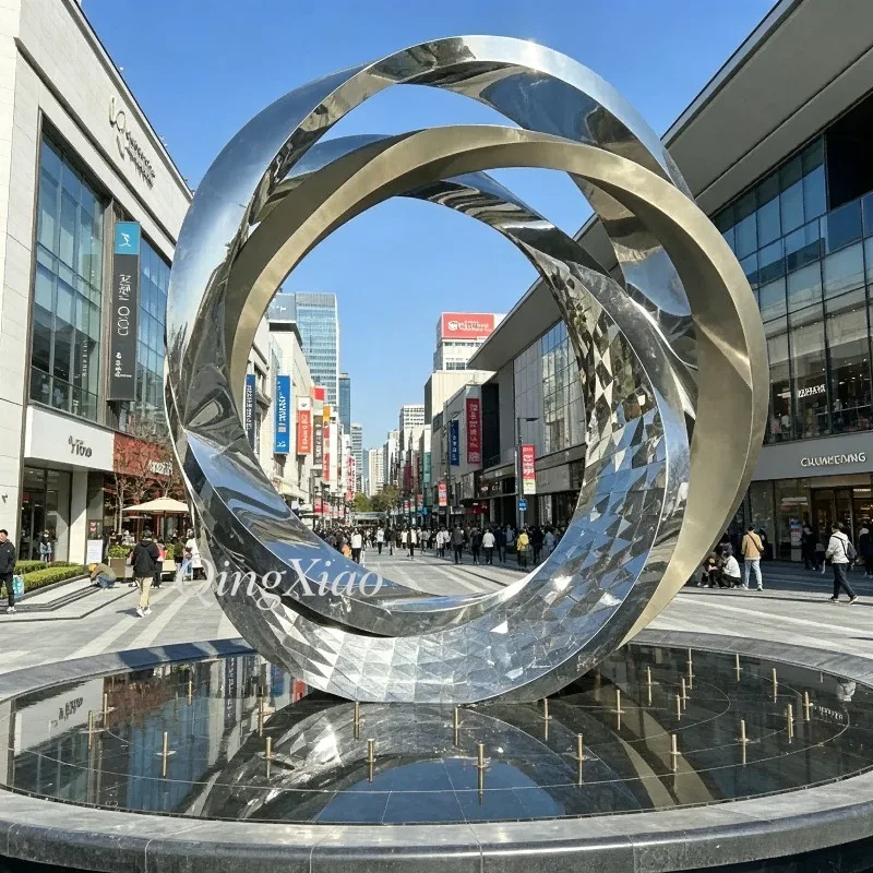 Intertwined Double Ribbon Ring Stainless Steel Sculpture Mirror Faceted Custom For Outdoor Commercial Waterside Plaza Landscape