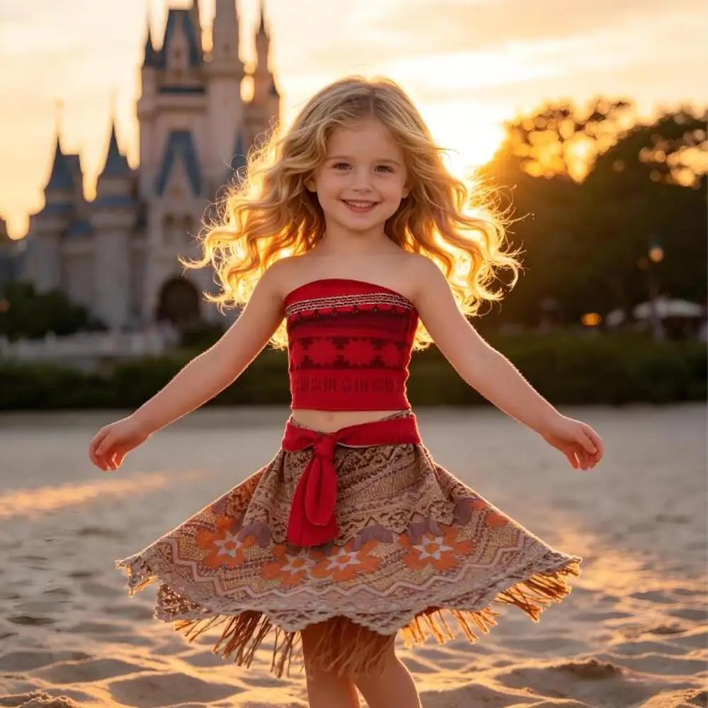 

2Pcs Girls Movie Moana 2 Dress Girl Vaiana Princess Summer Casual Dress Children Christmas Carnival Birthday Party Cosplay Gown
