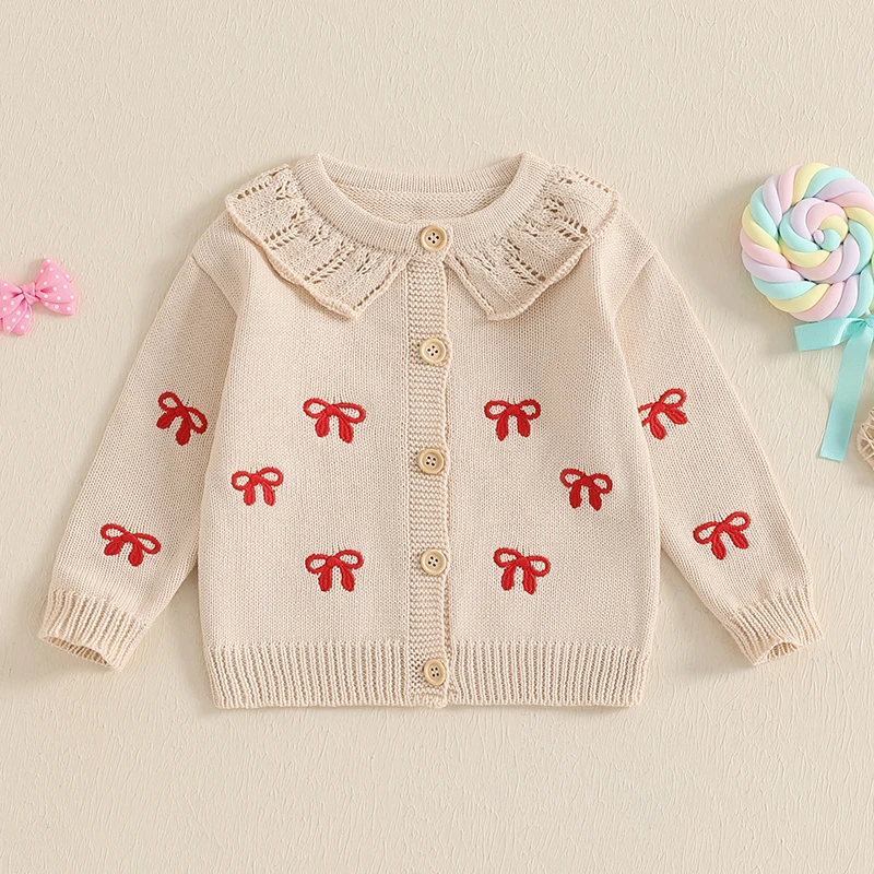 2024-09-26 Lioraitiin Toddler Girls Fall Knit Cardigans Bow Pattern Button Down Long Sleeve Crew Neck Baby Sweater Jackets