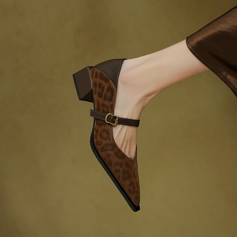 

Genuine Leather Leopard Print Pointed Toe Chunky Heel Mary Jane Shoes for Women