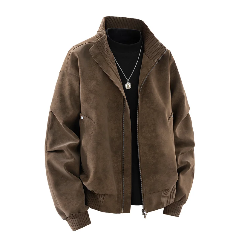 

New Leather Versatile Stand Collar Casual Coat Stylish 's Top Autumn Winter Solid Color Plus Size Men's Style
