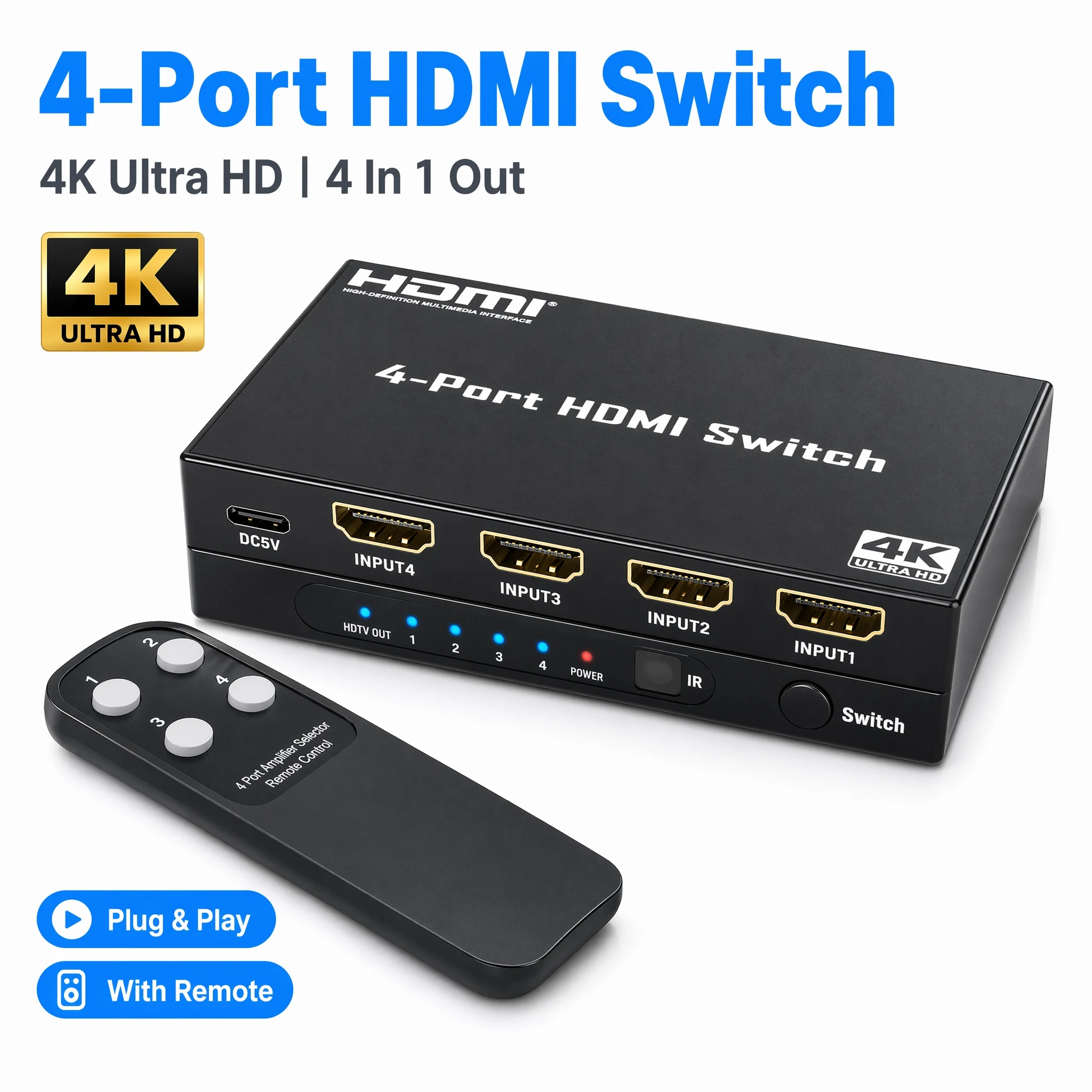 

4 in 1 Out HDMI Switch 4K 30Hz with Remote Control 10.2Gbps High Speed HDMI Selector Splitter for PS5 Xbox Blu-ray PC TV