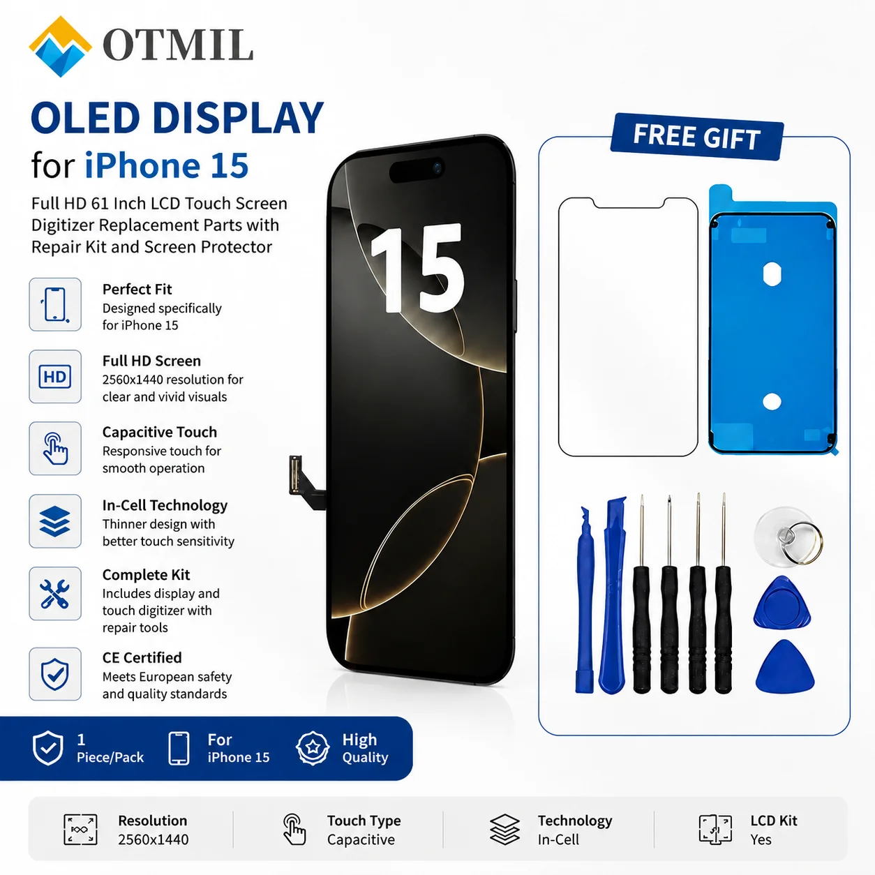 OLED Display for iPhone 15 LCD Screen 6.1" Replacement 3D Touch Face ID TrueTone FHD Screen Digitizer A2846 A3089 A3092 A3090