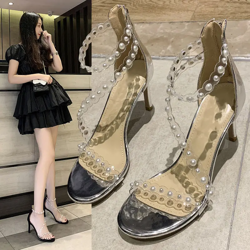 Summer 2024 Open Toe Footwear Thin Heels Sandals for Woman Silver Diamond Women\'s Shoes Clear Stiletto Transparent Rhinestones H